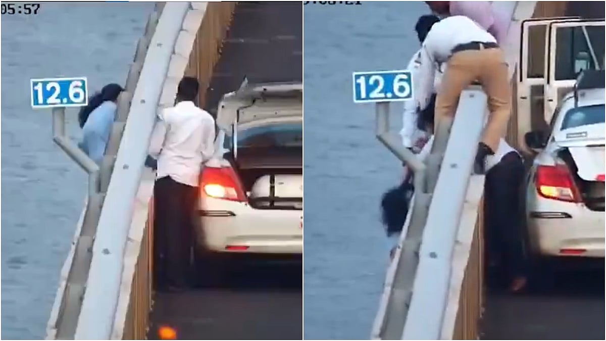 X/@PTI_News : Screengrabs from the viral CCTV footage from Atal Setu | 